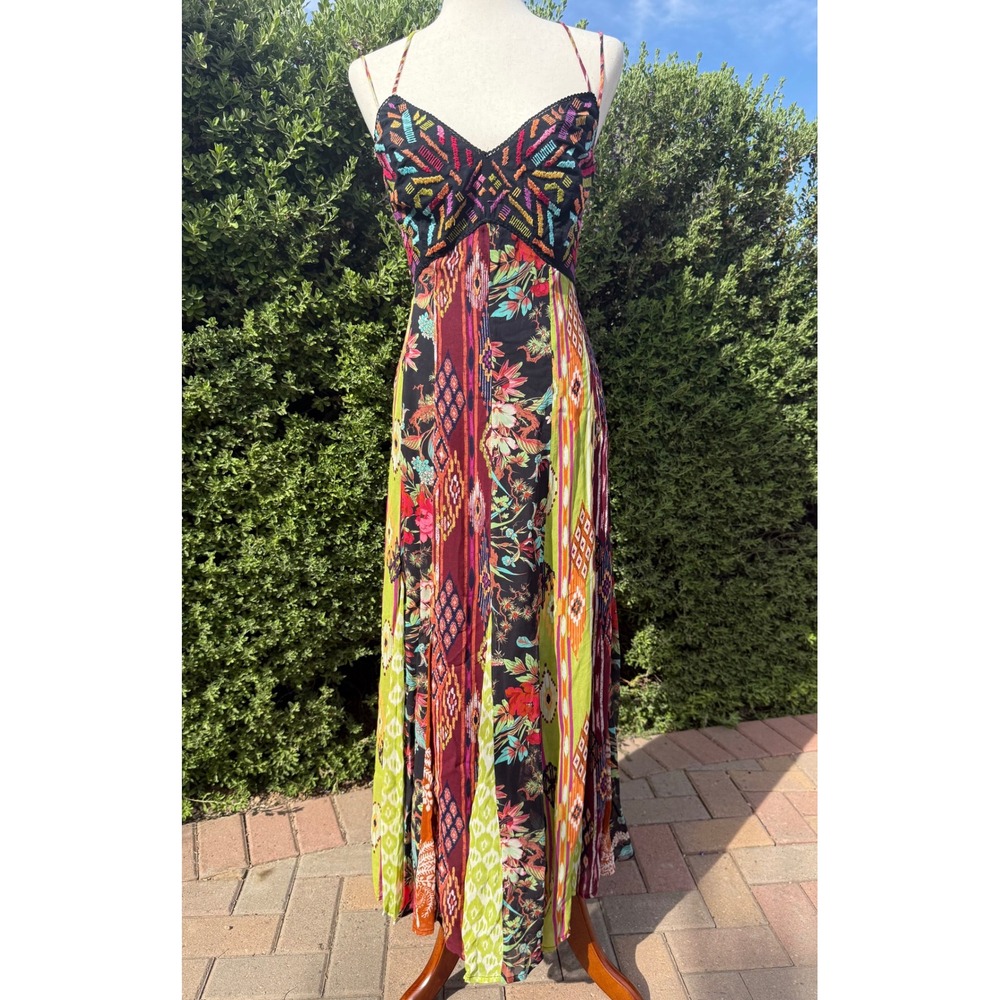 Anthropologie Embroidered Bust Patchwork Maxi Dress US 4 UK 8 Boho Strappy